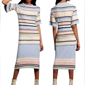 Anthropologie Maeve Sweater Midi Dress w/Blue, Pink, Yellow & Black Stripes (XS)